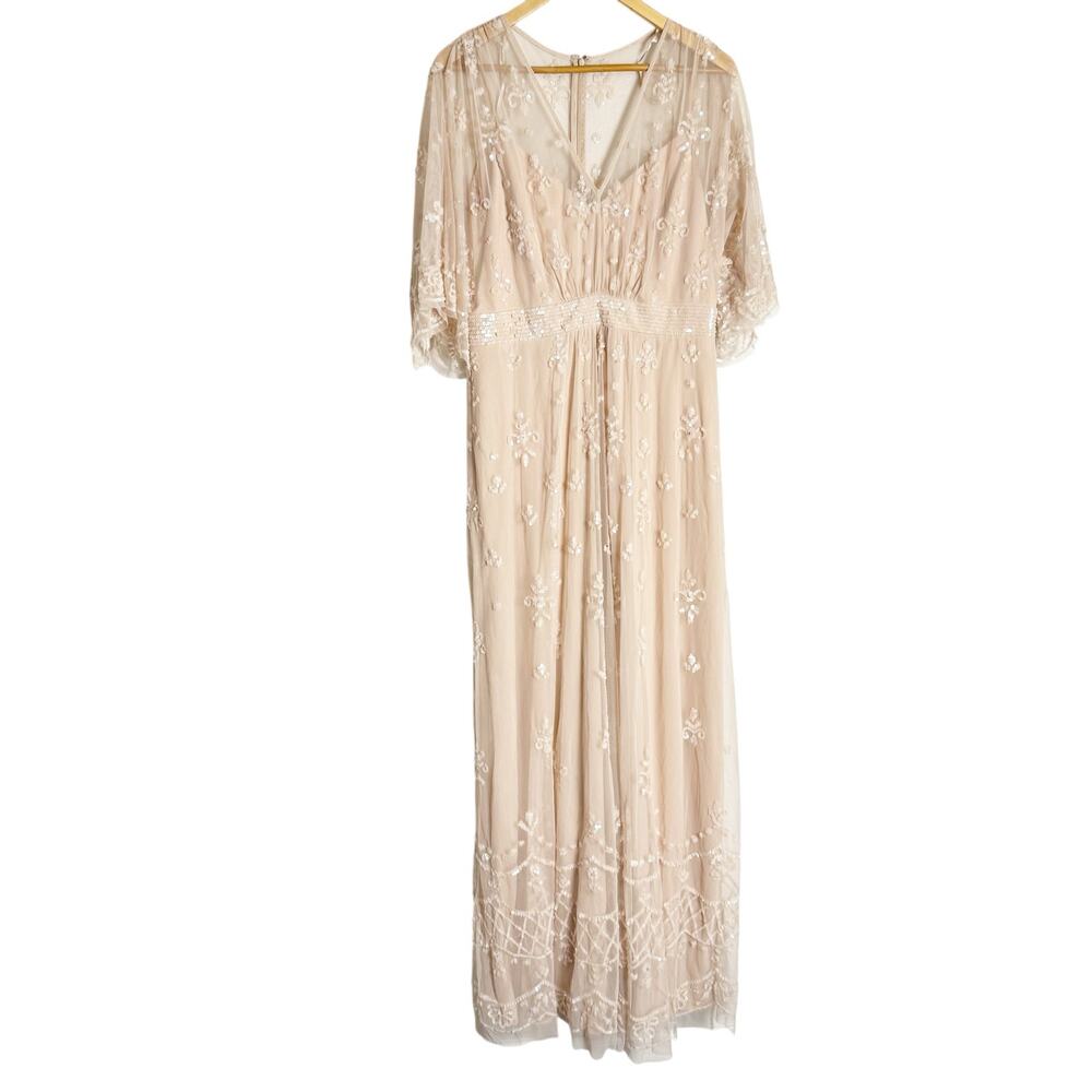 Mac Duggal Blush V Neck Embellished Flutter Sleeve A Line Formal Gown Size 10 - Picture 4 of 14